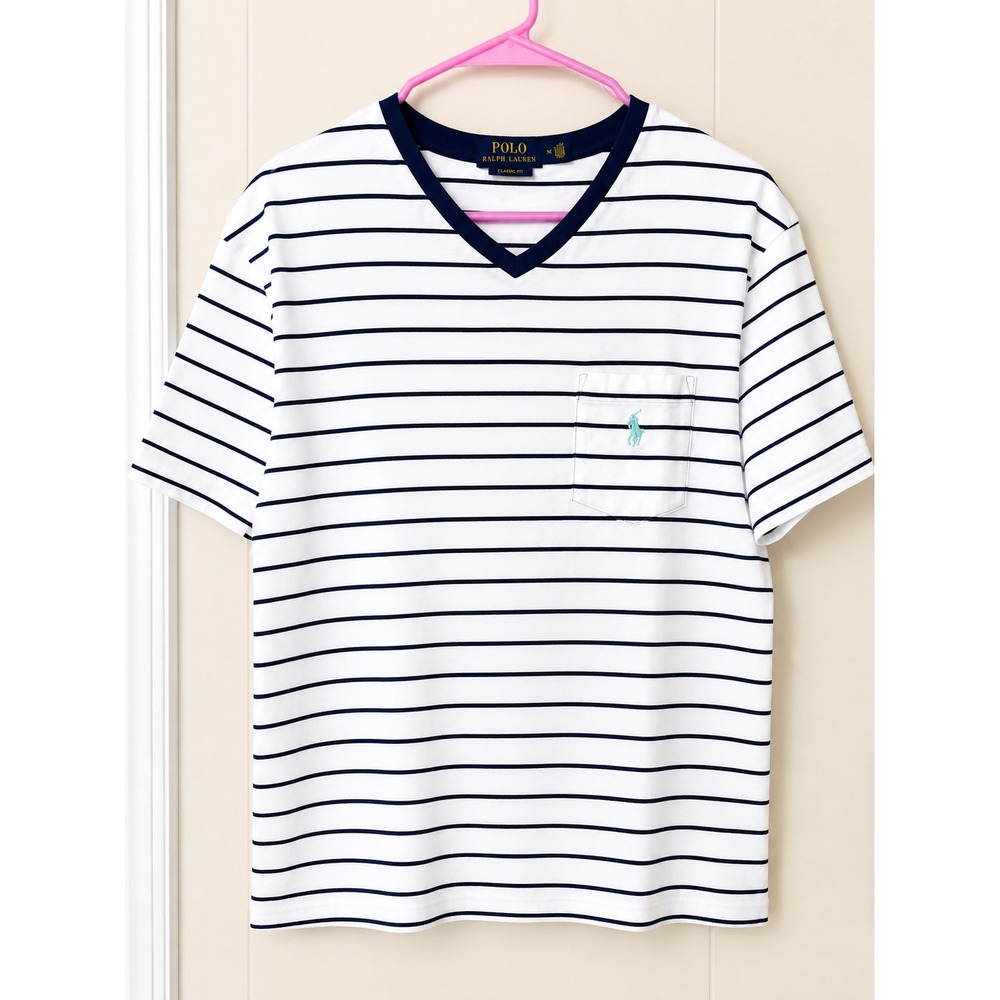 Polo Ralph Lauren Mens Classic Fit Striped V-Neck Pocket T-Shirt White Navy M
